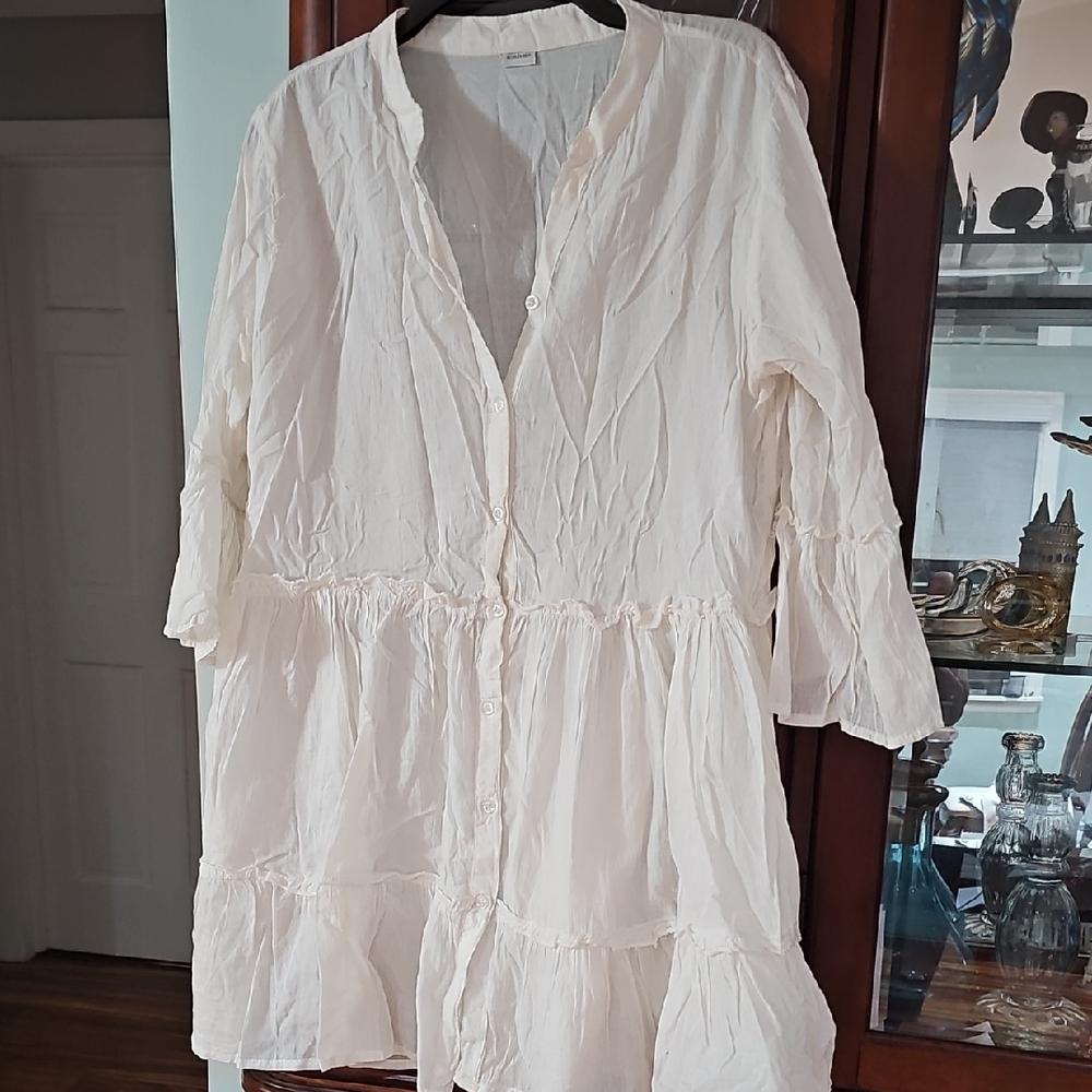 Made In INDIA Button-Up Tunic Dress Flutter Bell Sleeves White Large